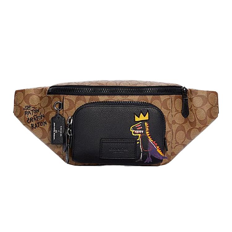 Новая коллаборация COACH Jean Michel Basquiat Холщовая поясная сумка Track с кожаной отделкой Tubas Мужская Коричневый и черный C5422-QBLGQ 40.6*3.8*11.4CM