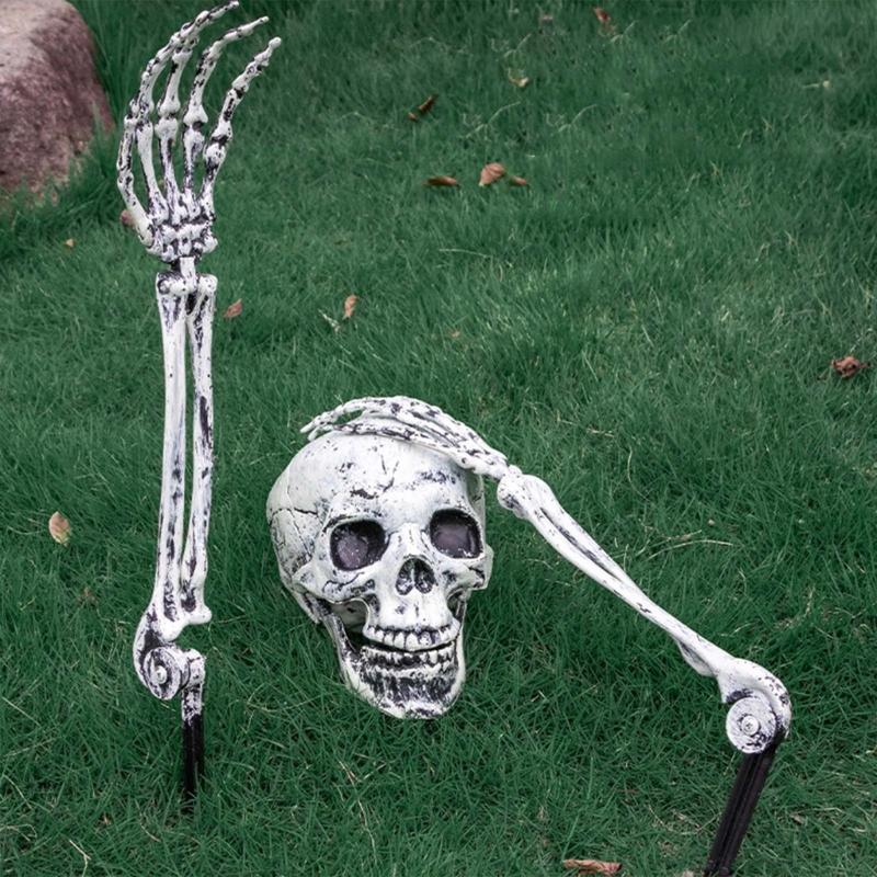 Halloween Skull Hand Arm Yard Stake Lifelike Skeleton for Head Figurine Garden Decoration Haunted House Props