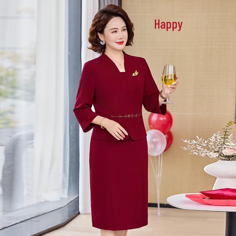 

Spring New Wedding Banquet Mother-of-the-Bride Long-Sleeve Dress with Mid-Length Skirt 3XL (120-135 jin) винный/красный