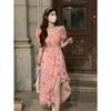 Gentle Wind Tea Break French Platycodon Lotus Leaf Edge Long Dress with Waist Split Square Neck Temperament Chiffon Floral Dress Summer