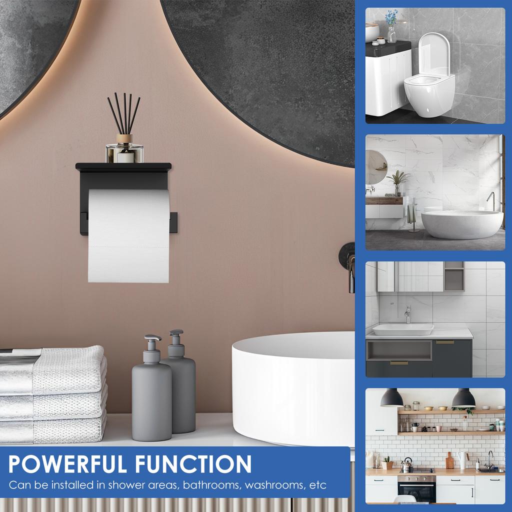 Toilet Paper Holder with Phone Shelf Wall Mounted Matte Black Toilet Roll Dispenser Stainless Steel Tissue Roll Holder for Home