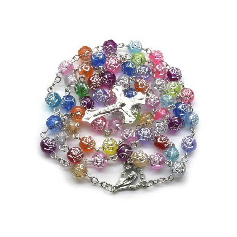 Multicolor Rosary Beads Cross Pendant Necklace Ornaments Catholic Religion Jewelry Accessories Gift