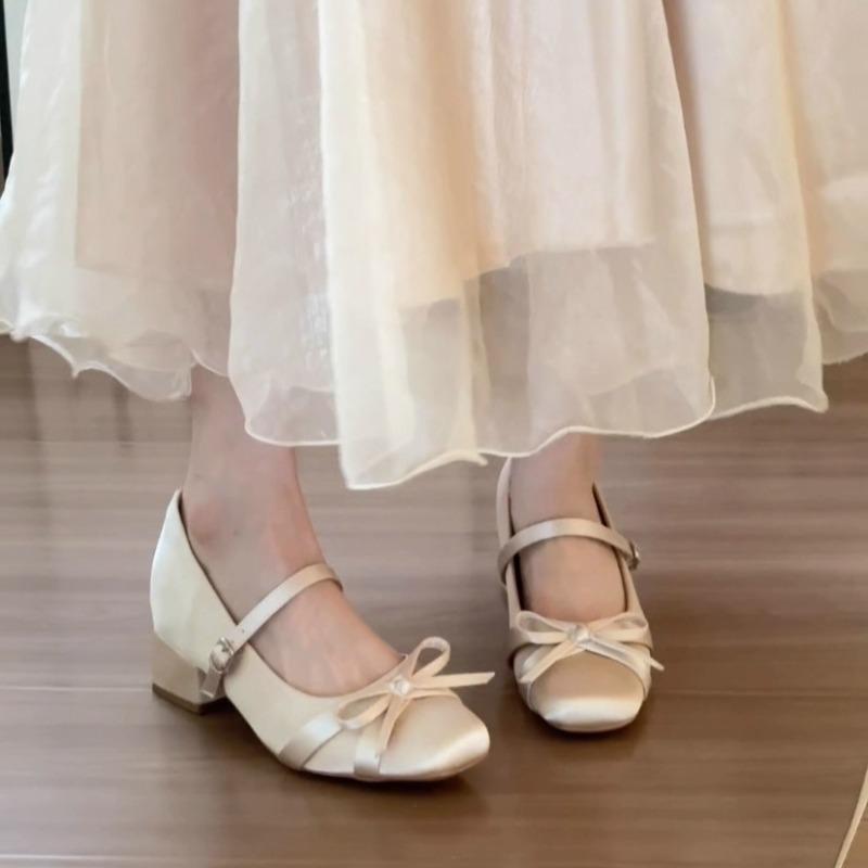 Inside Heightened Mary Jane Shoes Autumn New Square Toe Shallow Mouth Bow Slip Strap Non-Slip Kitten Heel