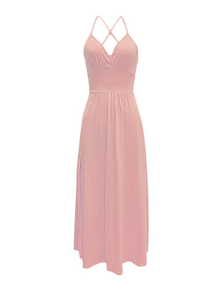 Summer Fashion Women's Halter V-neck Leak Back Tie Slit Long Dresses