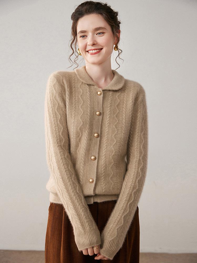 Korean Style Loose Cashmere Cable Knit Polo Collar Cardigan for Women