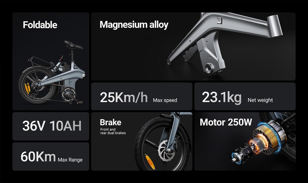 DYU T1 36V 250W Foldable E-Bike - 55km Pedal Assist, Ultra-Light 22.5kg Magnesium Frame & Dual Disc Brakes