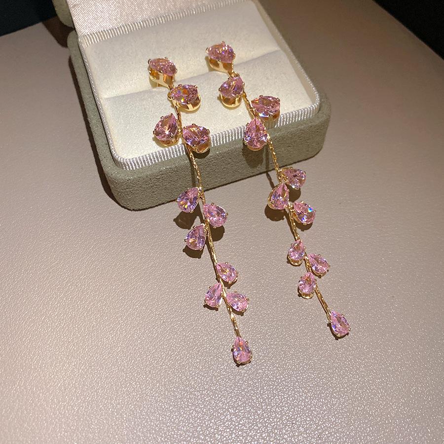 Silver needle zircon water drop leaf fringed earrings Korean ins niche design earrings light luxury high-end earrings