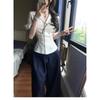 Women Striped Fitted Waist Short Sleeve Blazer Collar Casual Button Shirt