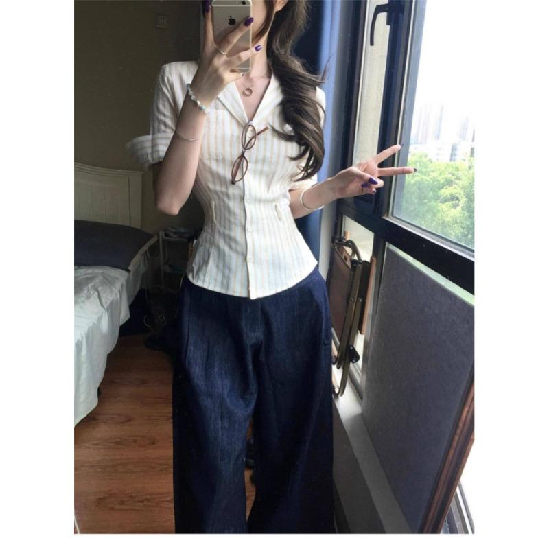 Women Striped Fitted Waist Short Sleeve Blazer Collar Casual Button Shirt