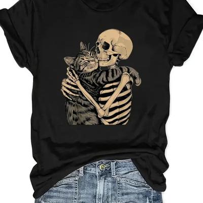 Zwart Schedel Knuffelende Kat Grafisch T-shirt - Zachte Rekbare Ronde Hals Korte Mouw Top voor Kattenliefhebbers