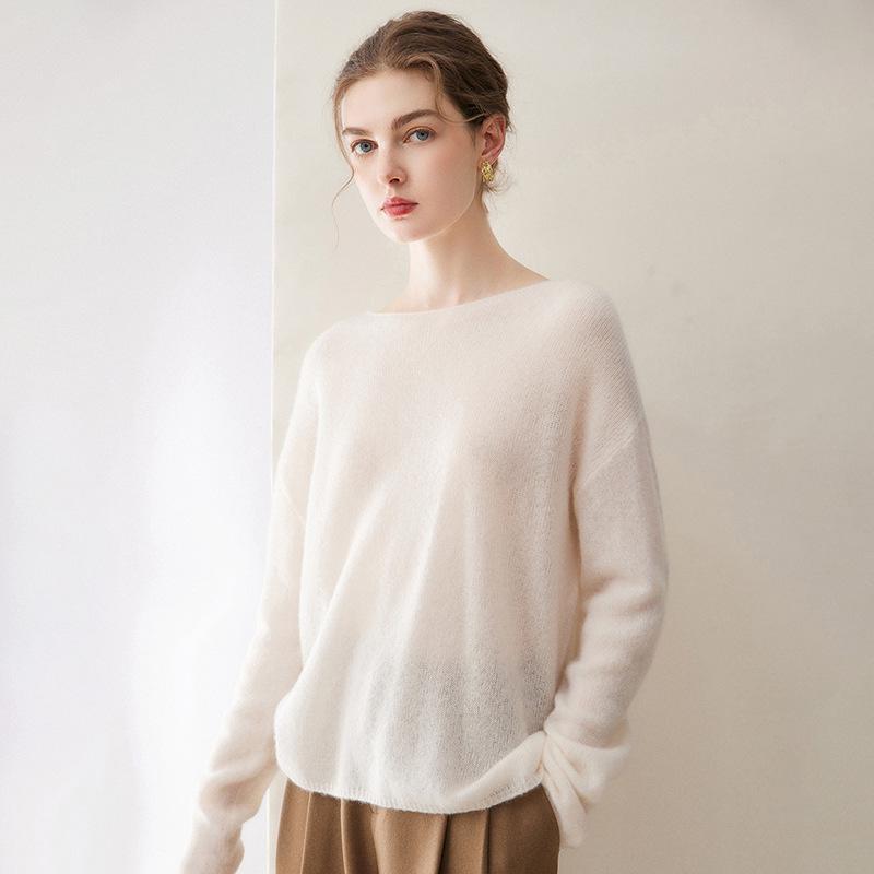 Women's Velvet Pullover Sweater - 75% Cashmere, 25% Mulberry Silk, One-Shoulder, Drop Shoulder, Long Sleeve Knit Base Layer.