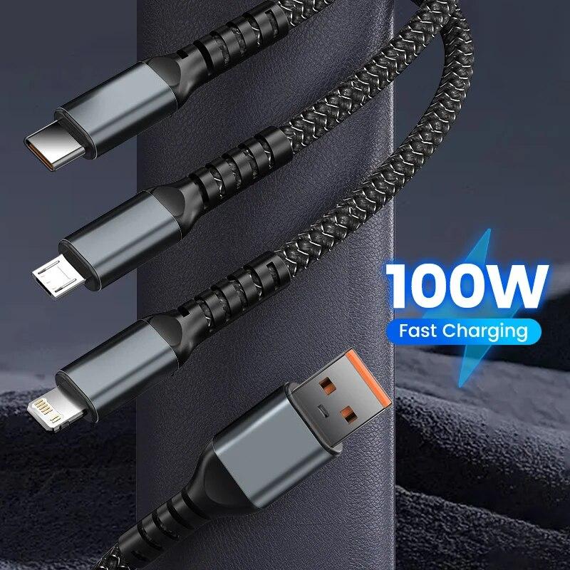100W 5A 3 in 1 1,2 m Schnellladekabel Micro-USB Typ C Lightning-Kabel für iPhone Samsung Huawei Xiaomi Handy-Ladegerät USB C Datenkabel