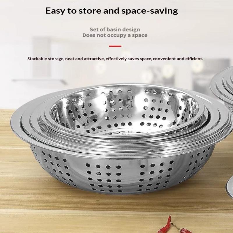 [JN] Rice Sieve Strainer Stainless Steel Colander Kitchen Helper Big Drainer Basin For Washing Vegetables Fruits Pasta Draining