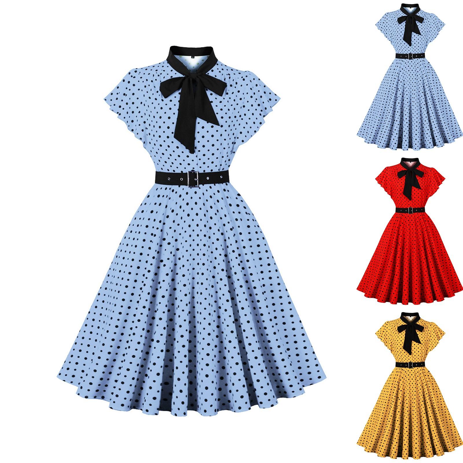 

Women s Short Sleeve Round Neck Slim Knee-Length Dress Retro Polka Dot Dress XL жовтий