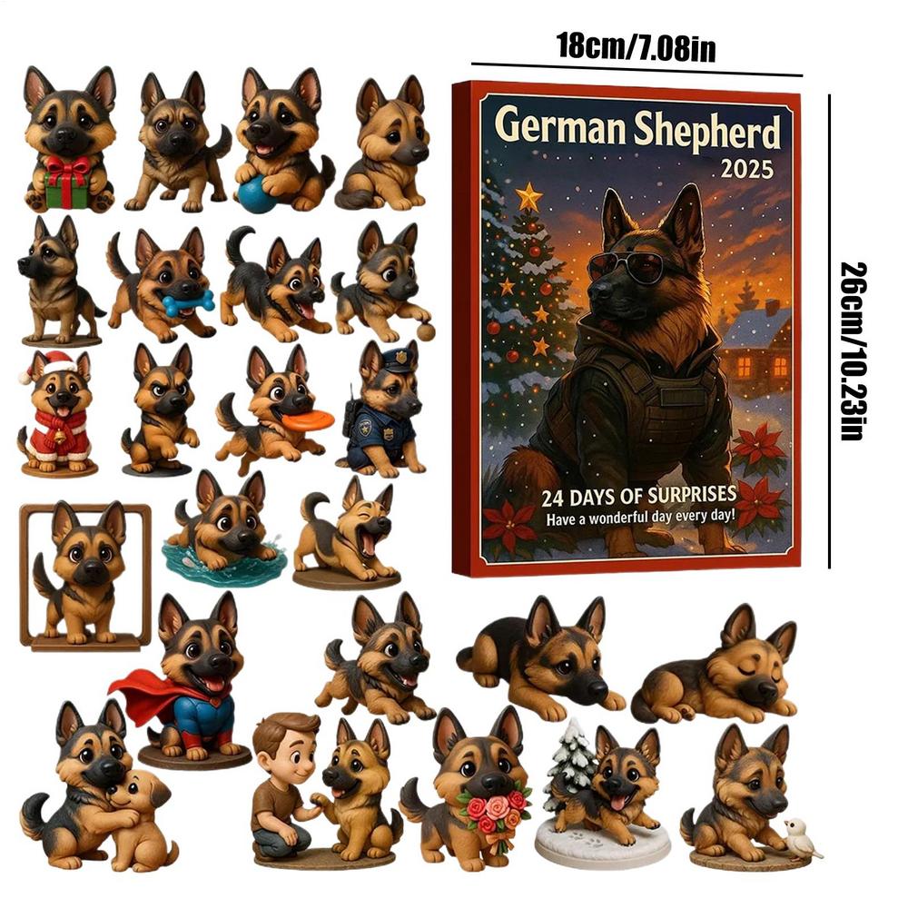 2025 German Shepherd Advent Calendar,Unique dog Christmas countdown calendar,24pcs 2D flat German Shepherd dog decorations M