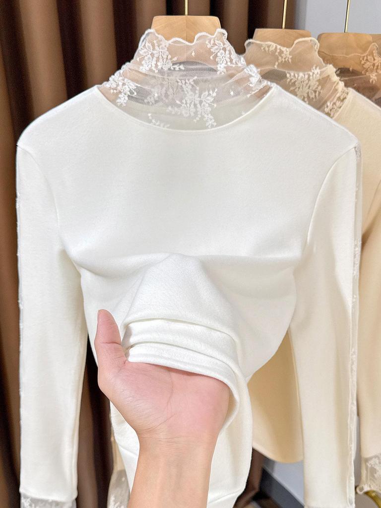 Women's Brushed Lace Base Layer Top: High Neck, Long Sleeve, Ruffled Collar, Slim Fit - Autumn/Winter Arrival