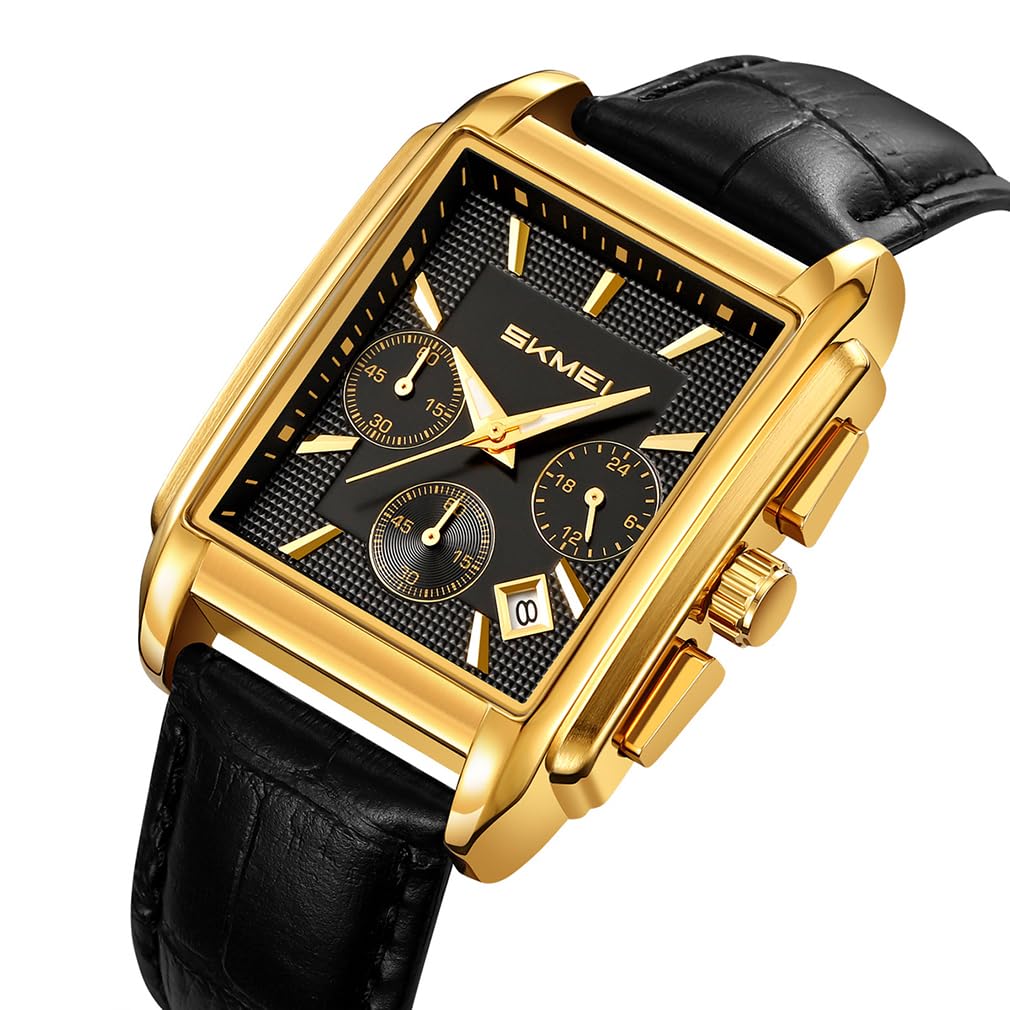SKMEI Quadratische Uhr Schwarzes Lederarmband Stilvolle Armbanduhr Chronograph Wasserdicht Marke Analog Business Casual Uhr Luxus Geschenk Gold Schwarz Uhr für