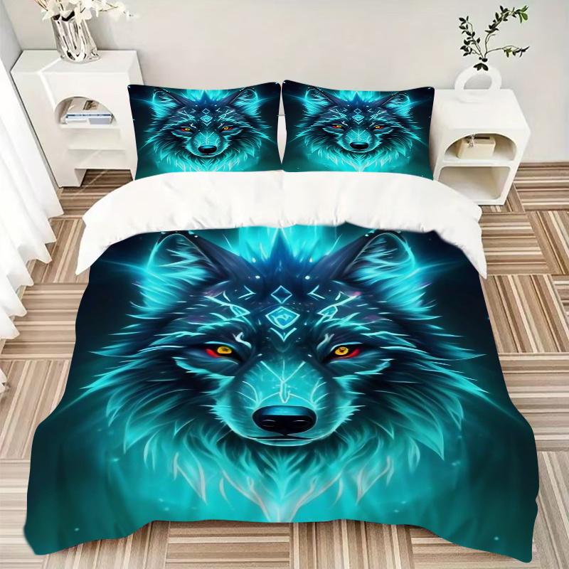 3pcs Mystical Beast with Glowing Blue Fur Wolf Quilt Set Cartoon Themed Bed Quilt Set Lovely Character Bedroom Decor Bed Quilt Set Four Seasons (