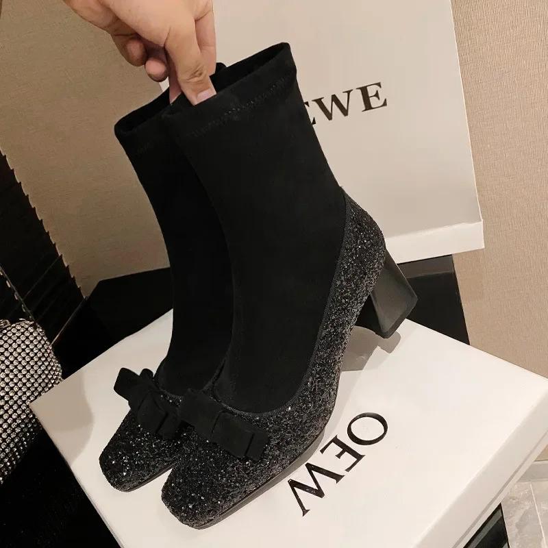 

Fashion Hot Selling Fashion Women Mary Jane Socks Boots Designer Bowknot Slip-on Platform Ankle Boots 2025 New Autumn High Heel Boots 35 чёрный