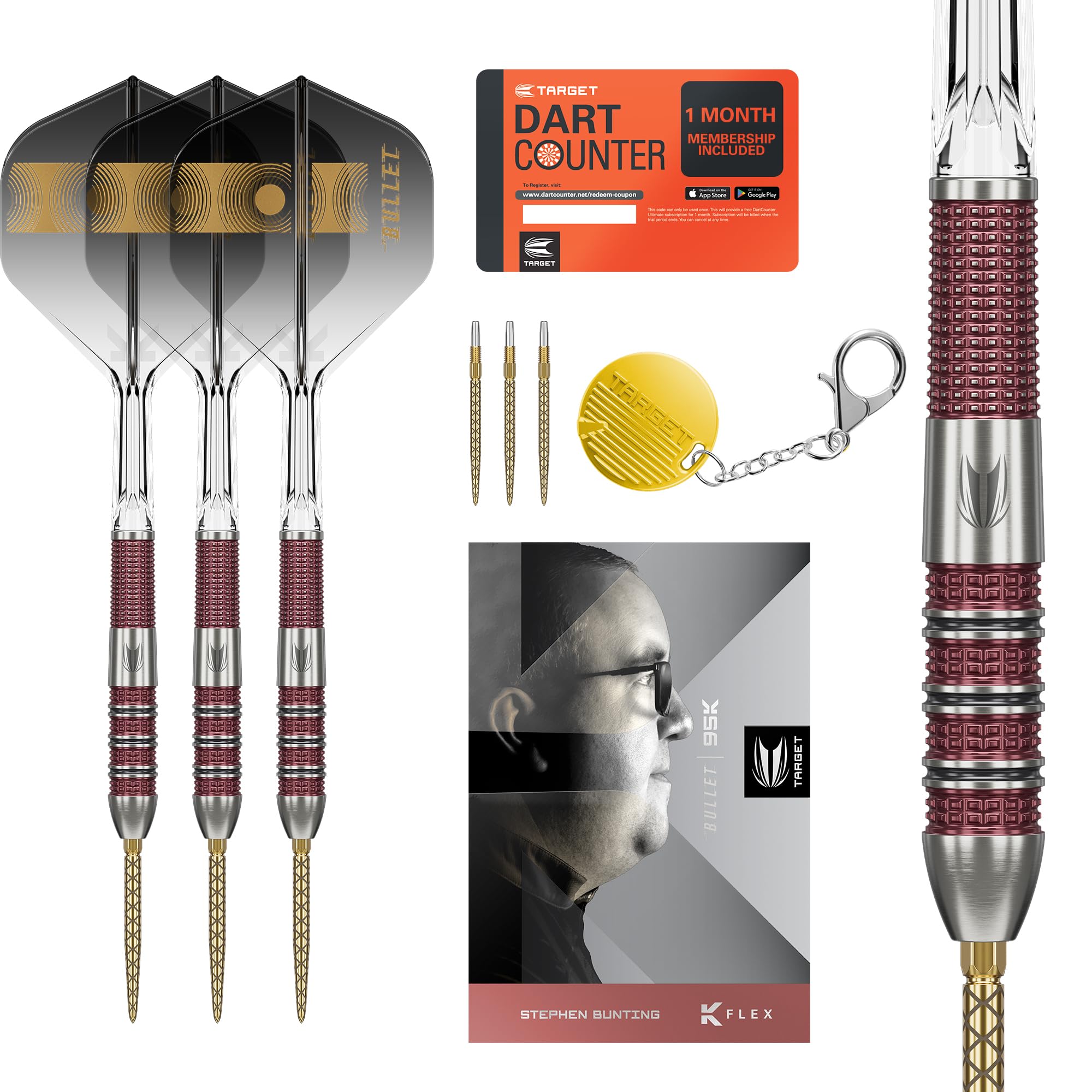 

TARGET Stephen Bunting 95K Swiss Point Steel Tip Dart Set, 22G/23G Kflex Flights & Shafts, Bullet Player Edition 95% Tungsten Darts