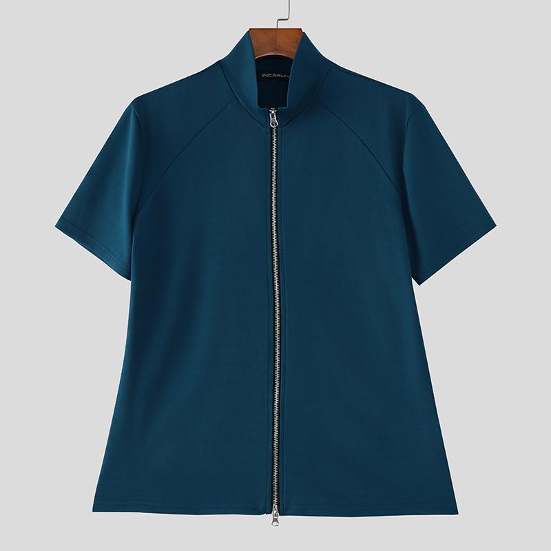 INCERUN Summer Men Stand Neck Short Sleeve Zipper Splits Fitted Casual Tops T-shirts