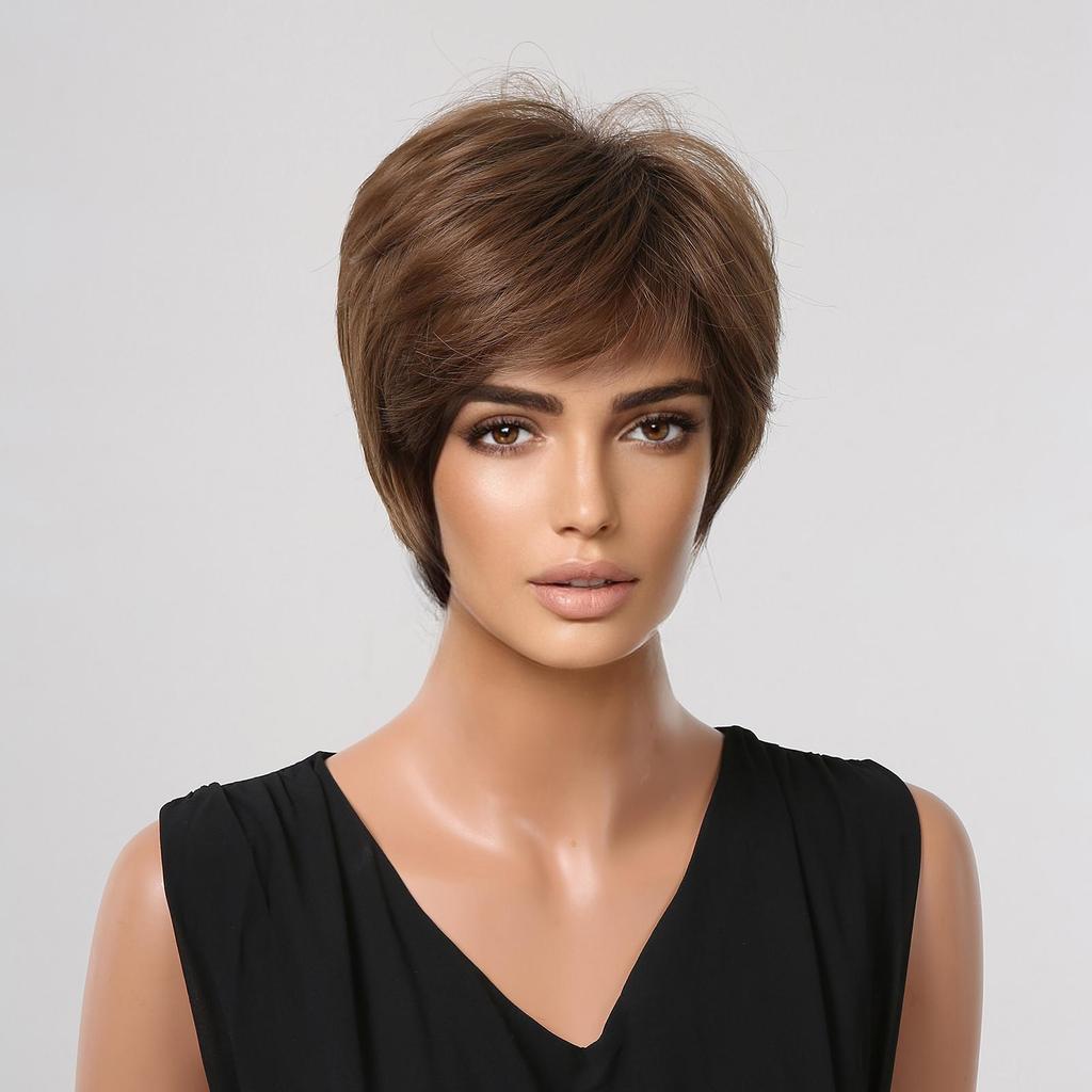 ESIN synthetische Perücken, natürliches kurzes braunes Haar, natürlicher täglicher Gebrauch, Perücke mit Pony, gewellt, Damenperücken für weiße und schwarze Frauen