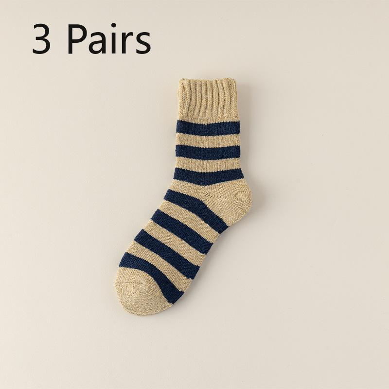 3 Pairs of Men's Winter Velvet and Thick Warm Hoop New Striped Wool Mid Tube Socks