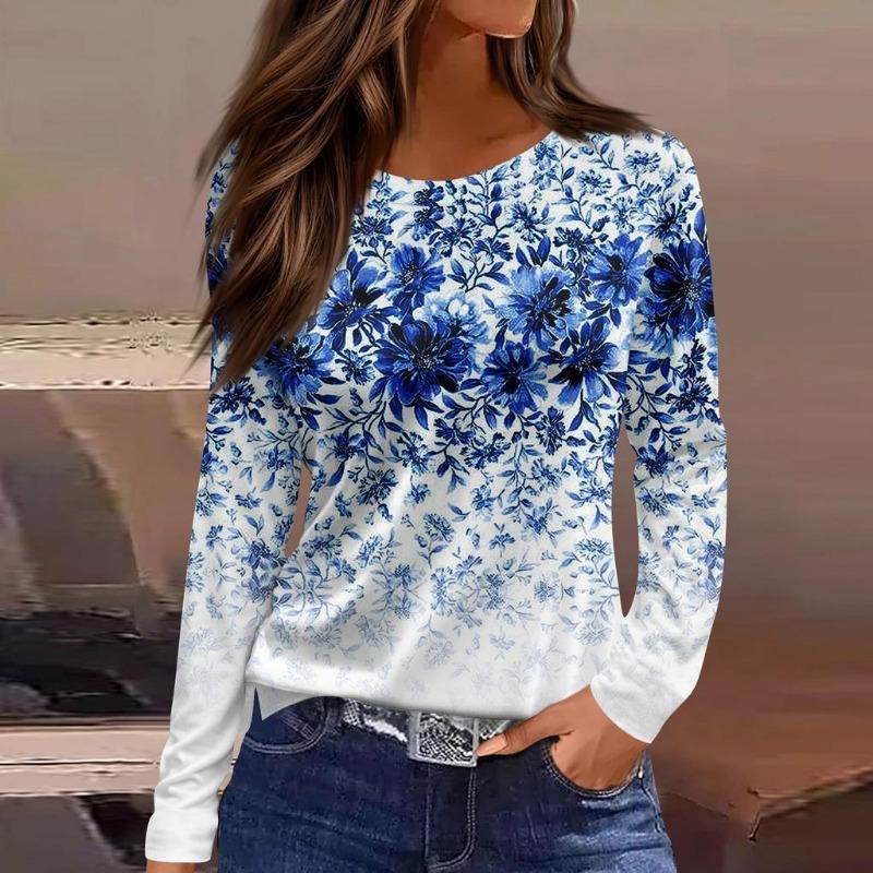 Women's Long Sleeved T-shirt 3D Printed Gradient Print Fashionable Round Neck Top T-shirt