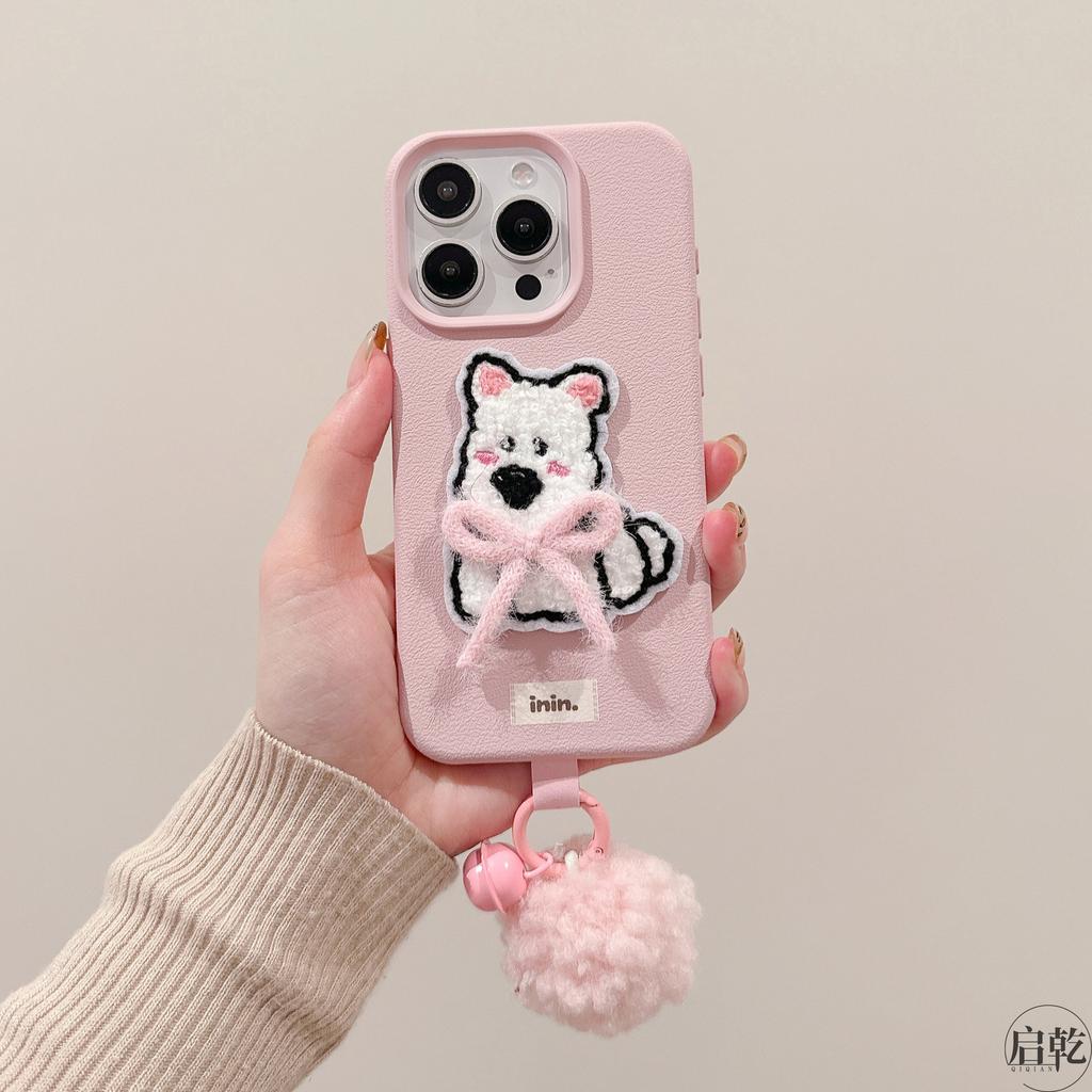Bow Embroidery West Highland Lychee Pattern for IPhone16/15 Mobile Phone Case for Apple 14/13pmax Cartoon