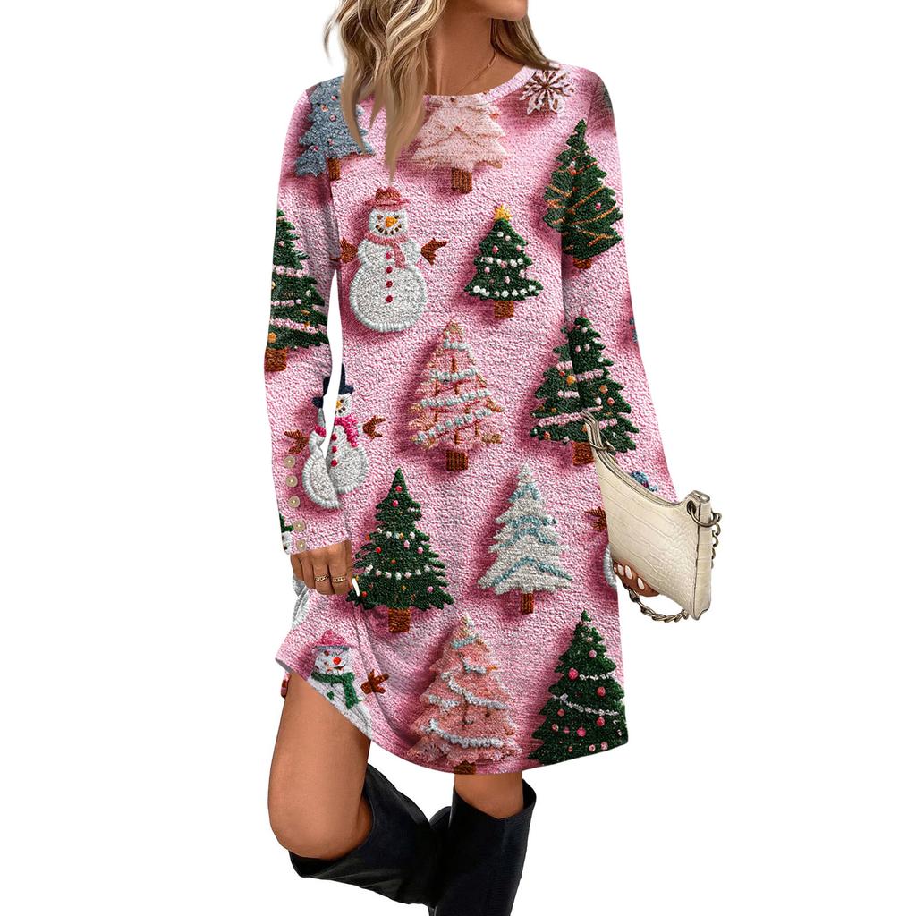 Rochie Casual de Damă la Modă cu Buzunare, Nasturi Decorativi, Imprimeuri de Crăciun, Gât Rotund și Mâneci Lungi