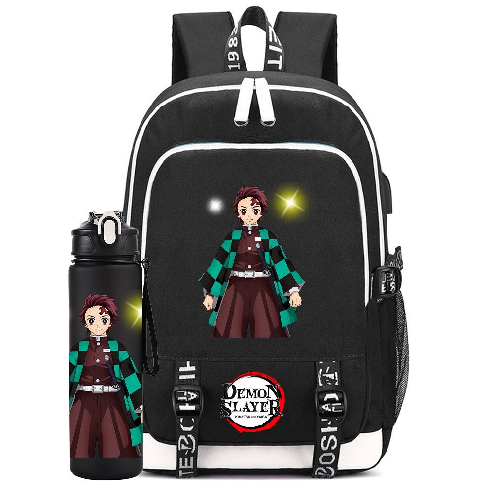 2Pcs/set Anime Demon Slayer Printed Backpack Large Capacity Waterproof Bookbag With 750ml Water Bottler Laptop Student Boy Girl Bookbag Gift