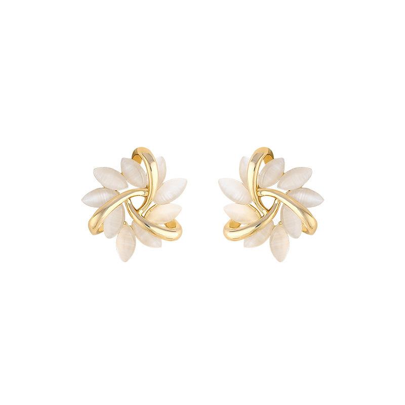French Opal Floral Stud Earrings Minimalist Elegant High-End Jewelry for Women