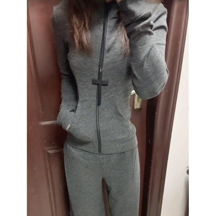 Set din două piese în stil sportiv european, hanorac și pantaloni cu picior larg pentru femei - Reducere vârstă, Casual, Primăvară/Toamnă