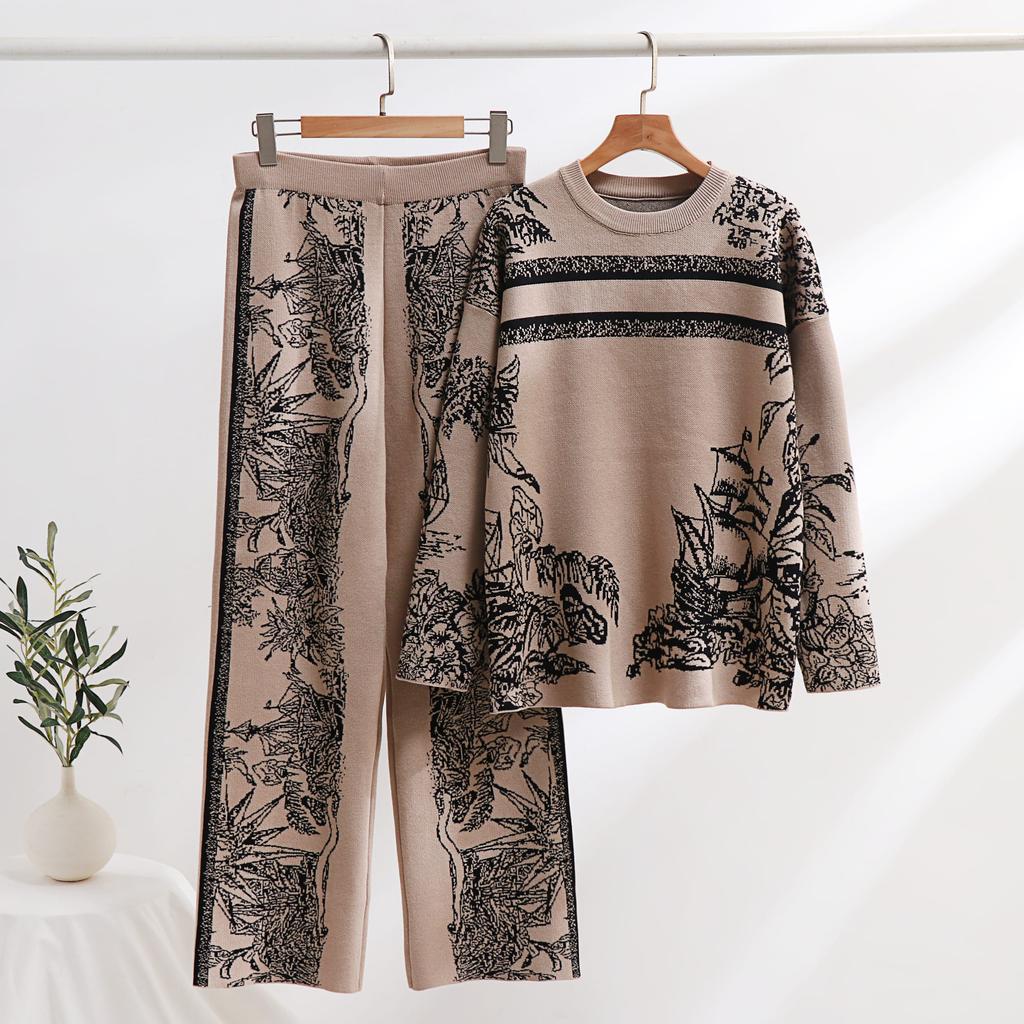 Dámske jesenné a zimné vintage plachetnice Jungle Jacquard pletené dvojdielne nohavice so širokými nohavicami, zahusťovacie teplé svetre