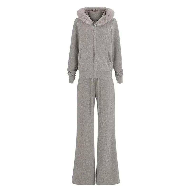 Autumn/Winter Outfit Set: Detachable Fur Collar Hoodie Fleece Jacket & Slim Flare Pants.