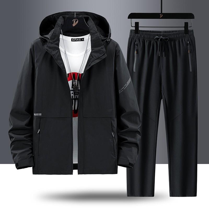 Mens Lightweight Hooded Outdoor Jacket Pants Set Hiking Trekking Fall Casual Sport Wear