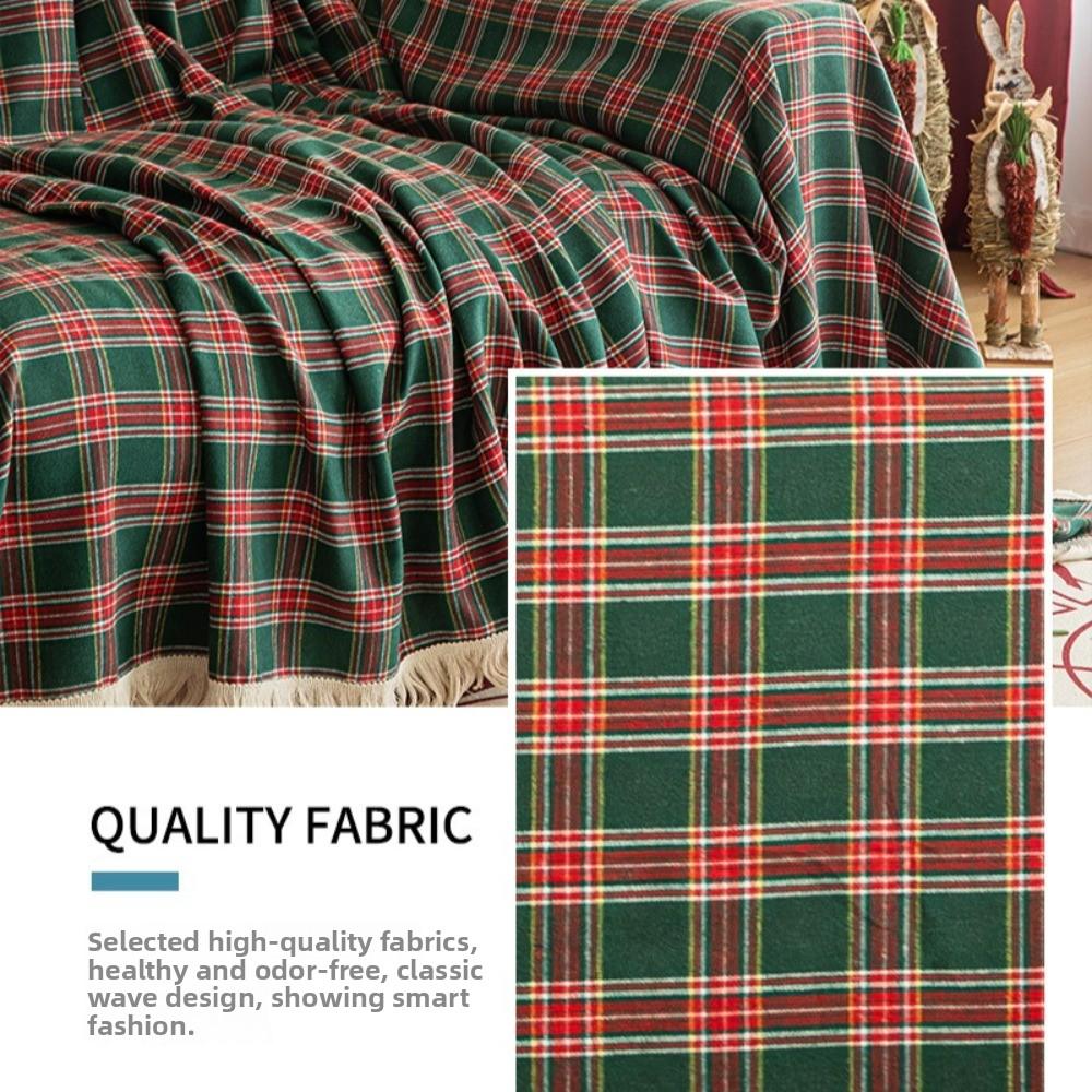 Christmas Sofa Cover American Retro Holiday Red Green Plaid Slip Proof Full Coverage Fringe Couch Blanket