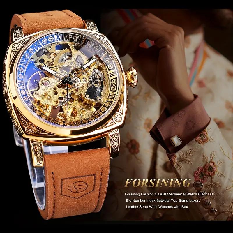 Forsining Men's Engraved Automatic Mechanical Watches, Retro Case Waterproof Hollow Luminous Pointers Casual Automatic Mechanical Wristwatch
