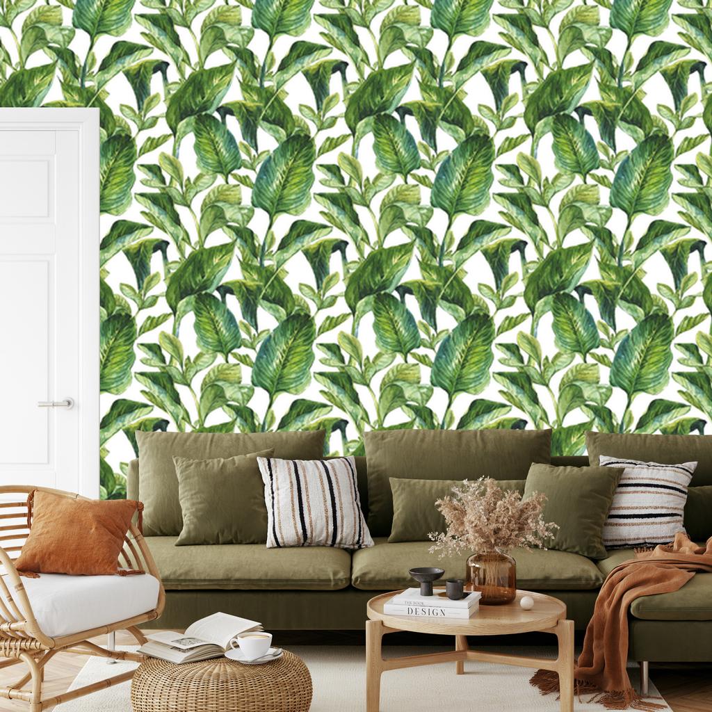 Tropical leaves watercolor wallpaper for living room and bedroom 50x1000