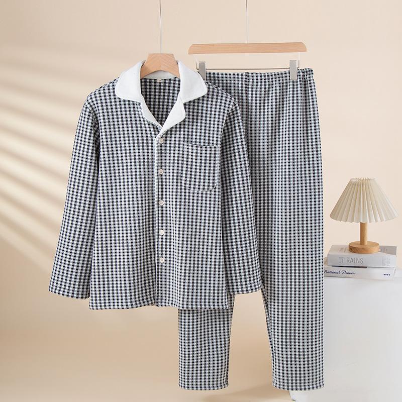 Men's Pajama Set Fall Winter Thick Warm Long Sleeve Tops Pants Pajama Sets Soft Plaid 2 Piece Button Down Lounge Set for Men Lapel Comfort Sleepwear