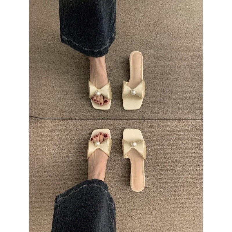Pearl bow thick heel cool slippers women's summer wear fashion flat women's shoes one-word slippers 2025 summer new