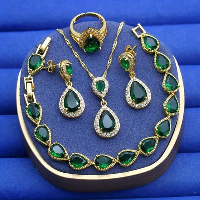 Vintage Jewelry Set For Women Green Water Drop Zirconia Gold Plated Includes Bracelet, Earrings, Pendant Adjustable Ring