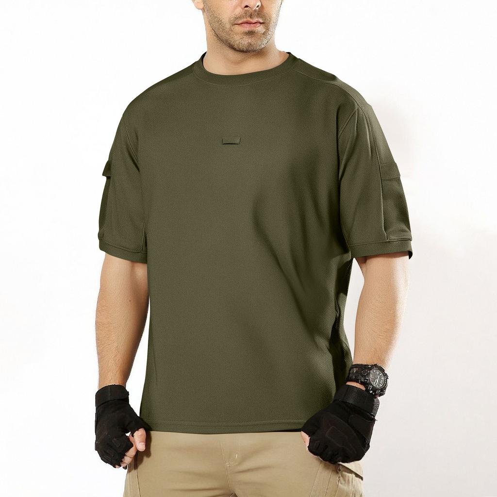 Men's Summer Solid Color Pocket Round Neck Loose Short Sleeve Top