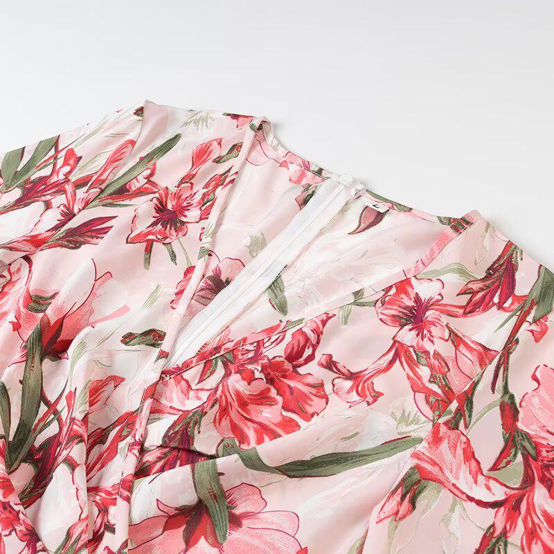 2025 Spring Women's European & American V-neck Print Dress: Fashionable, Long-sleeved, Waist-cinching