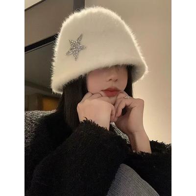 White Fisherman Hat Women's Autumn Winter Warm Bucket Hat Large Head Circumference Plush Hat