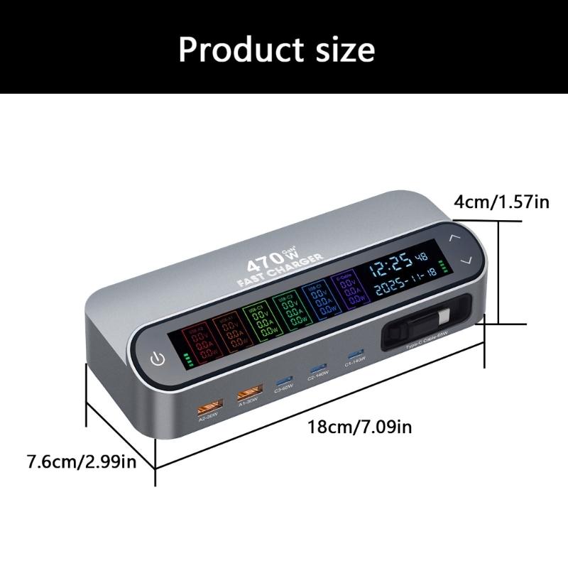 405W/470W Desktop Charging Dock With Full Color Digital Display And Retractable Type C Cable For Laptop Phone Tablets