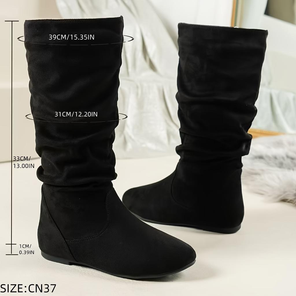 Women'S Solid Color Trendy Boots, Side Zipper Casual Flat Mid Calf Boots, Minimalist Round Toe Boots