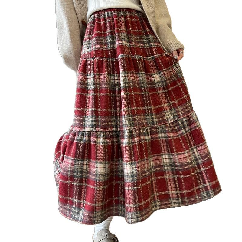Vintage Plaid Wool A-line Skirt for Women - High Waist, Mid-Length, Autumn/Winter 2025 Collection
