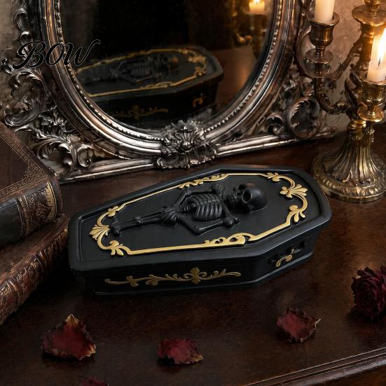 Desktop Sundries Organizer Gothic Skull Casket Jewelry Box, Resin Spooky Storage Figurine for Rings, Halloween Dark Tabletop Organizer, Unique
