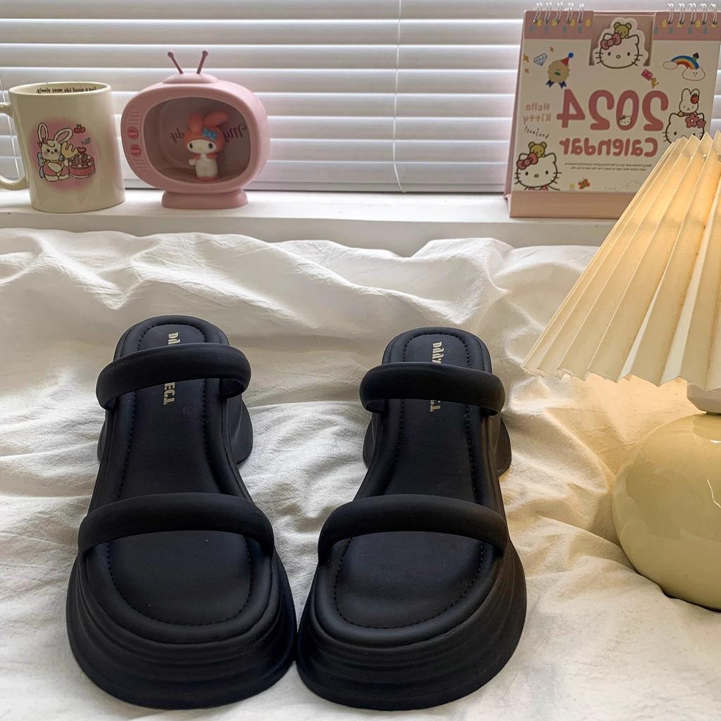 Thick-bottomed slope heel one-word slippers for women's outer wear 2025 summer new fashion casual versatile heightening beach cool slippers